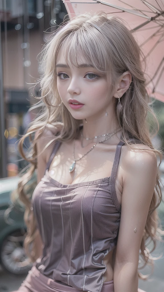(Realistic:1.5, 16k, highest quality, masterpiece, Ultra-high resolution), ((Typhoon heavy rain, From below)), Perfect dynamic composition:1.2, (Modern city at night, Expressions of sadness:0.9, Sit on the stairs:1.0), Highly detailed skin and facial textures:1.2, Young Japanese woman getting wet in the rain:1.3, Incredibly slim body:1.2, Fair skin:1.2, Sexy beauty:1.1, beautifully、aesthetic:1.1, Very beautiful face:1.2, Water droplets on the skin, (The rain drips down on my body:1.2, Wet body:1.2, Wet Hair:1.3), (Wet pink tight skirt:1.2, Wearing wet feminine clothes:1.3), (Shapely large breasts, Chest gap), (Big eyes that exude beautiful eroticism:0.8, Lips that exude beautiful eroticism:0.8), necklace, Earrings, bracelet, wedding ring, Shoulder bag, clock