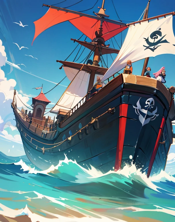 (melhor qualidade, obra de arte, Colorida, dynamic angle, highest detalhado) foto do reflexo das sombras de sete piratas de frente para um enorme barco com uma bandeira de pirata  
