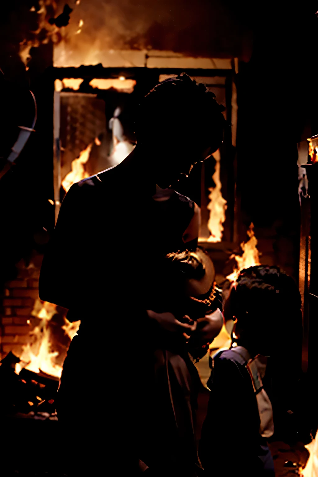 /imagine prompt: realistic, personality: A short-haired black African woman running through a burning house with a look of fear and determination on her face. She is clutching her children's hands a boy and a girl tightly as they follow her. The flames illuminate the scene around them, creating a sense of urgency and danger. unreal engine, hyper-real --q 2 --v 5.2 --ar 16:9