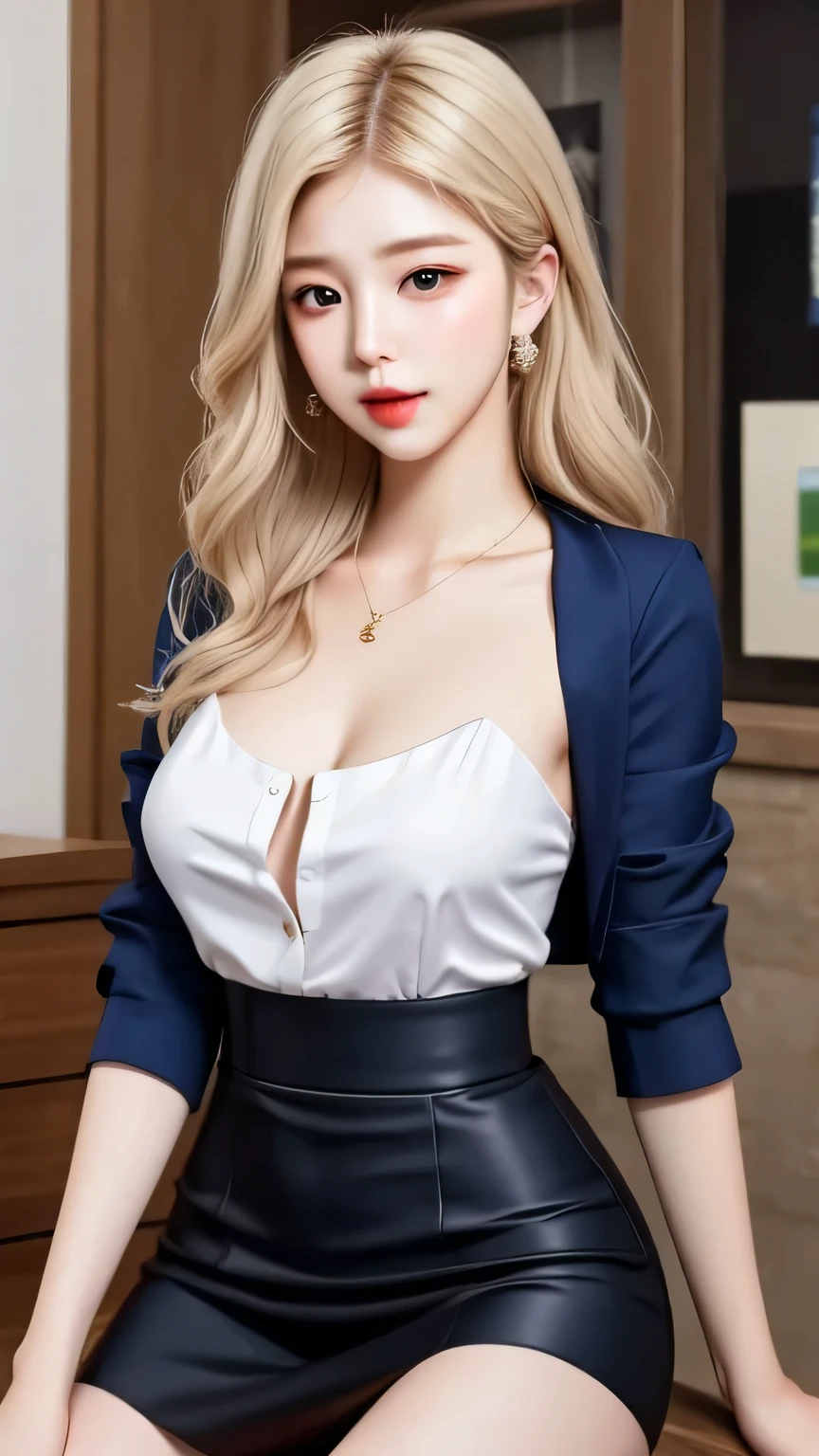 (hyperrealistic), (illustration), (high resolution), (8K), (extremely detailed), (best illustration), (beautiful detailed eyes), (best quality), (ultra-detailed), (masterpiece), (wallpaper), (detailed face), anatomically correct, solo, 1 girl, wavy white hair, (beautiful Suzy:1.7), (beautiful cute Pakistani woman:1.7), heterochromic eyes, (detailed blue eyes), small moles under the eyes, (light smile:1.2), navy formal blazer, white shirt, black mini skirt, red panties, (realistic big breasts:1.4), long legs, tight abs, cameltoe, dynamic pose,