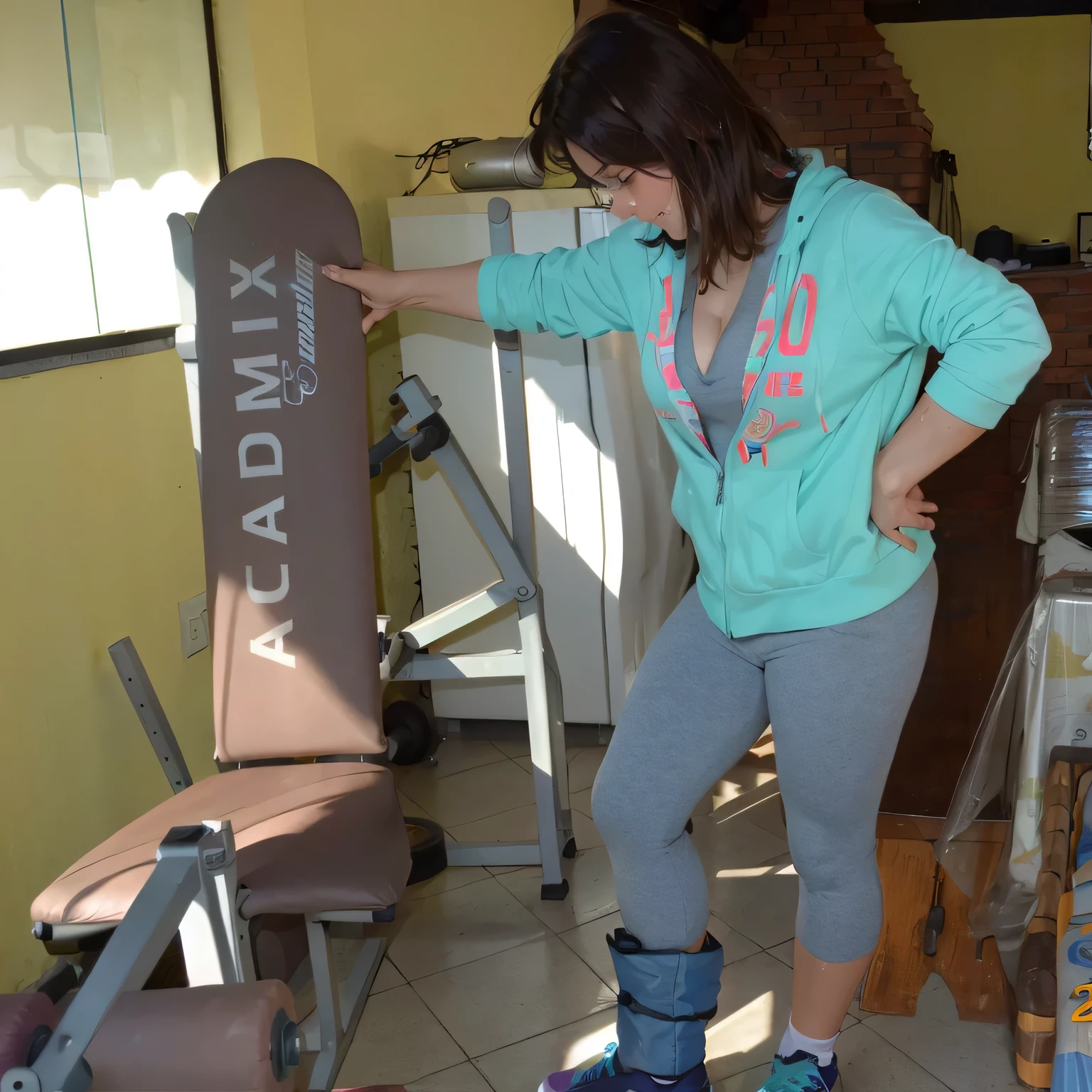 woman standing on a skateboard in a gym with a chair, adriana dxim, in a gym, academia, cottagecore!! fitness body, working out, sweat, by Amelia Peláez, by Keraca Visulčeva, karla ortiz, by Aleksander Gierymski, muscular!, sweating, caroline gariba, workout