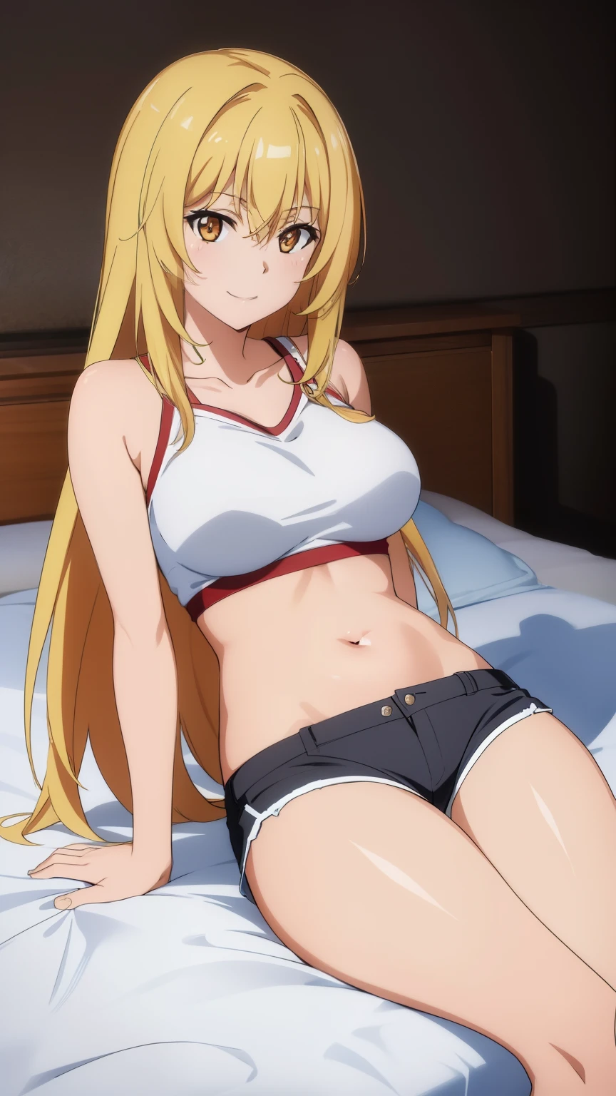 (Top Quality, High Resolution, 8k, Masterpiece: 1.2), Highly Detailed, Anime Art Style, Misaki Shokuhou, Smile, Blonde, Long Hair, Large Medium Breasts, (Black Underwear, Bared Shoulders, Shorts, Bed) , lying down , legs apart), looking at camera, stylish pose, stylish angle, staring camera focuses on the center of the image,