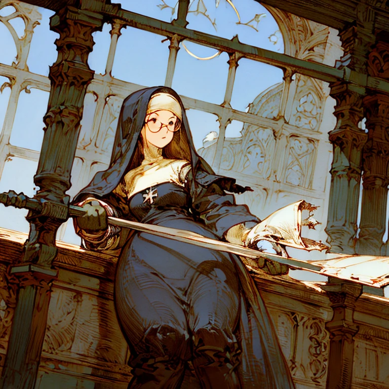 (masterpiece:1.2, Best quality, absurdity, realistic, detailed face), 1 girl, a nun, church, alternative hairstyle, detailed background, glasses, front, plump, Torn dress, gloves, chubby