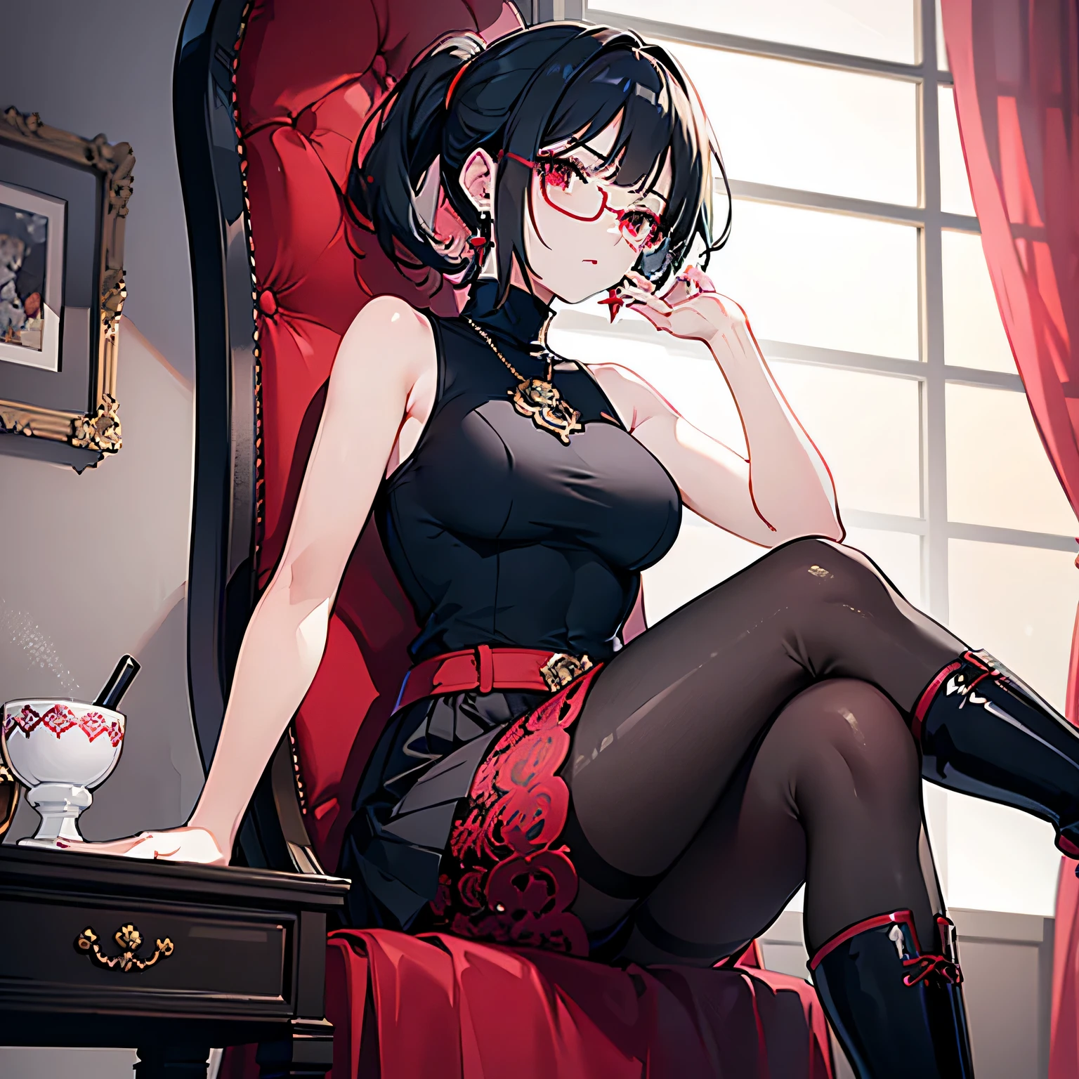 ((best quality)), ((masterpiece)), ((high resolution)), ((ultra-detailed)), ((best illustration)), (detailed), perfect face, perfect hands, mature, age thirties, one woman, anime, short hair, ponytail, red eyes, black hair, glasses, blue earrings, red short sleeves turtleneck, medium skirt, black skirt, black pantyhose, short boot, black boot, sit on luxury chair, crossed legs, luxurious room background, displeased expression
