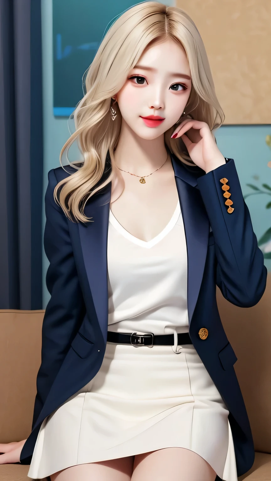 (Surrealism), (illustration), (high resolution), (8k), (Very detailed), (best illustration), (Beautiful and delicate eyes), (best quality), (Ultra Detailed), (masterpiece), (wallpaper), (Delicate face), Realistic skin, Anatomically correct, solitary, 1 girl, (Wavy white hair:1.2), (Beautiful Suzy:1.7), (Beautiful and cute JAV idol:1.7), Heterochromic Eyes, (Detailed blue eyes), There is a small mole under the eye, (A faint smile:1.1), (Large Breasts:1.2), Navy blue formal blazer, White shirt, Black mini skirt, Long legs, Tight abdominal muscles, Dynamic poses,
