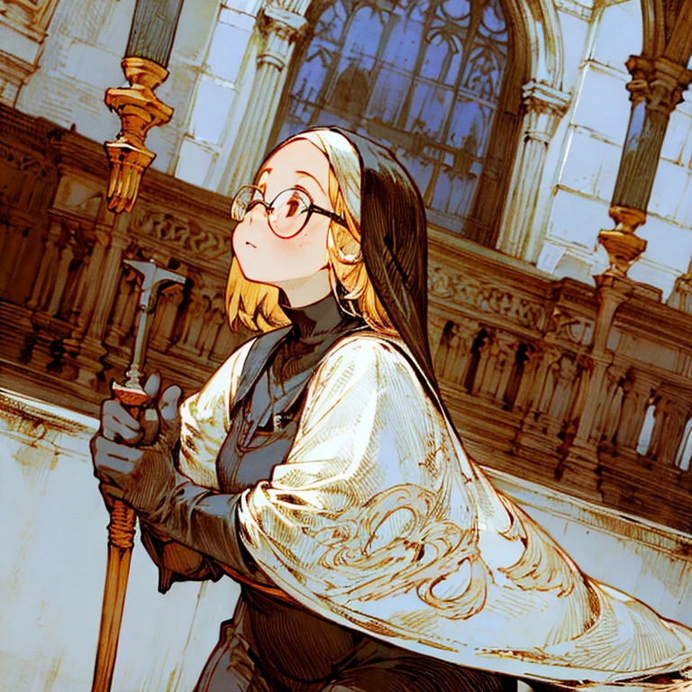 (masterpiece:1.2, Best quality, absurdity, realistic, detailed face), 1 girl, a nun, church, alternative hairstyle, detailed background, glasses, front, plump, Torn dress, gloves, chubby