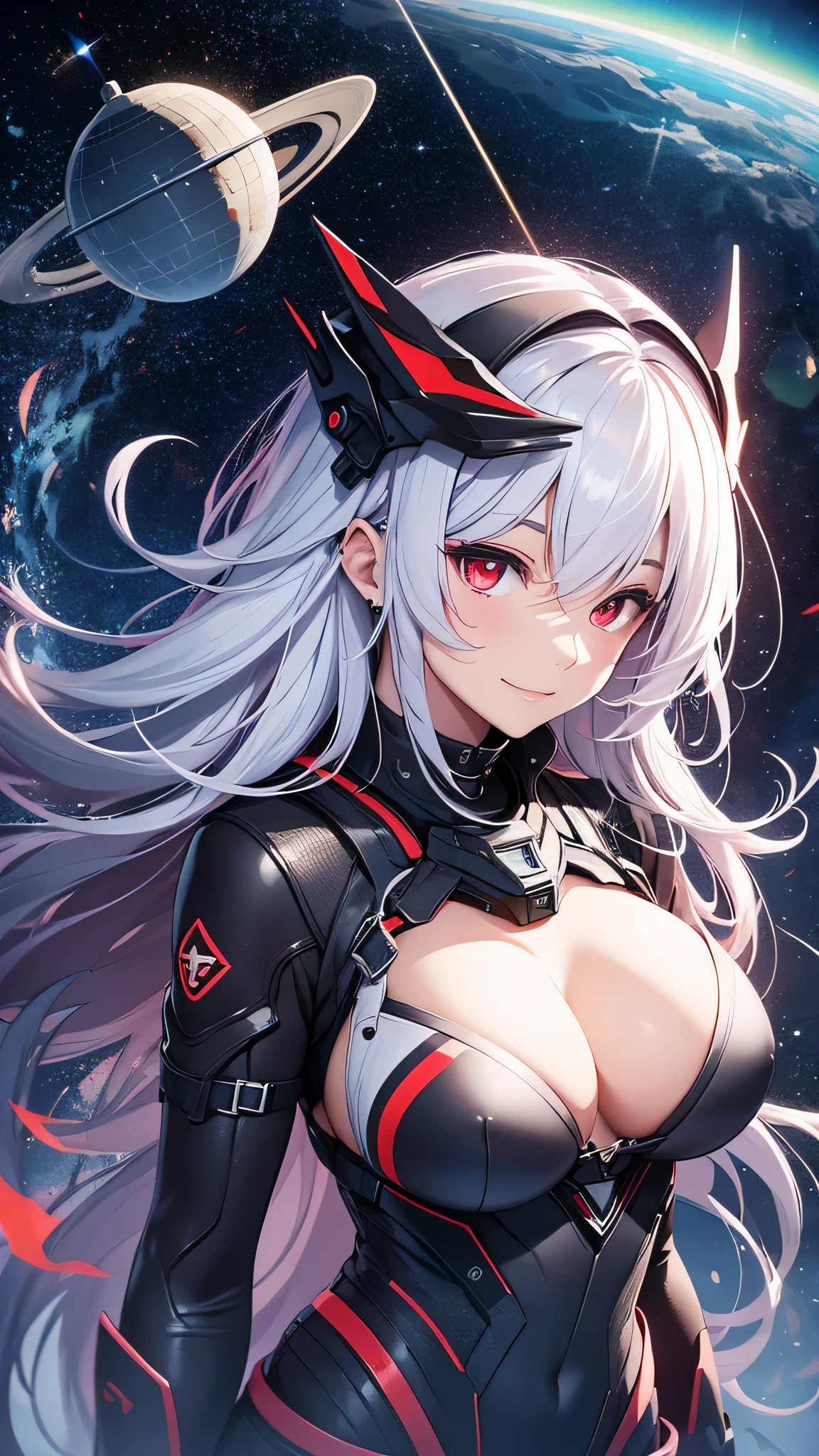 最high quality、Best image quality、masterpiece、girl((18-year-old、 By becoming、Best Bust、Medium Bust,Wide open breast tea、Red glowing eyes,Silver Hair、Disheveled Hair、Long Hair、thin,The highest valley、Open chest、White wristband、smile、hair ornamentany accessories、Black space suit、red body line、Angle from directly above、Disheveled clothing、Show the whole body,Floating State、Excited face)),high quality、Beautiful art、background((Institute for Space Research))、Flight、Flying debris、Written boundary depth、movie、Visual Arts、Perfect art、8K,Genuine、