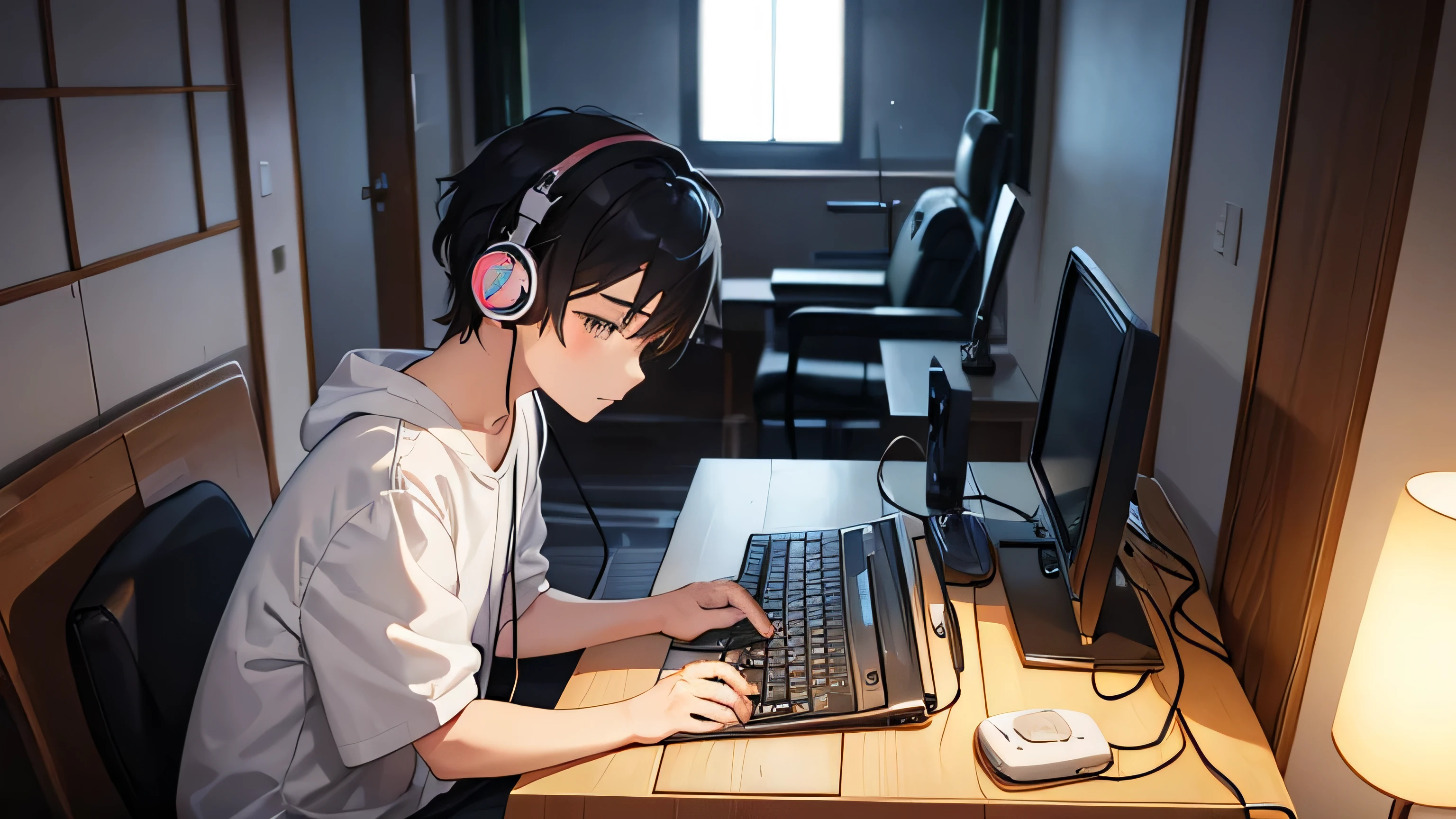 A boy typing on a computer while listening to music with headphones in his room、Dim room lighting、Outside the room is a starry sky、Japanese anime style