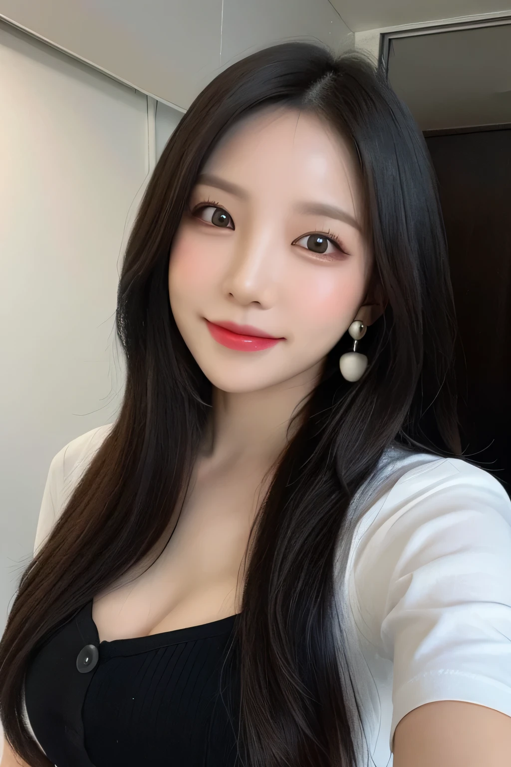 ((1 girl)), Black Hair, Long eyelashes, Round eyes, Light Smile, Cute Earrings, Light Smile, shy, Pursed lips, Surrealism, Cast a Shadow, Stereogram, Depth of written boundary, First Person View, 8k, Super Detail, highest quality, High resolution, Shortcuts