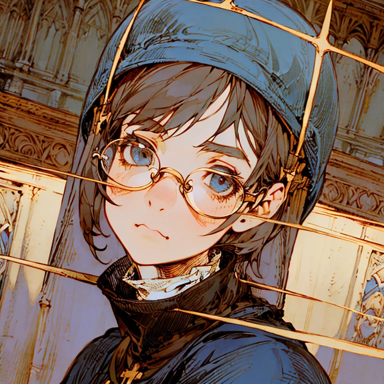 (best quality:1.2,absurd,realistic,detailed face),1 girl,nun,church,alternative hairstyle,detailed background,glasses,front view,pouty,tattered dress,gloves,round-faced