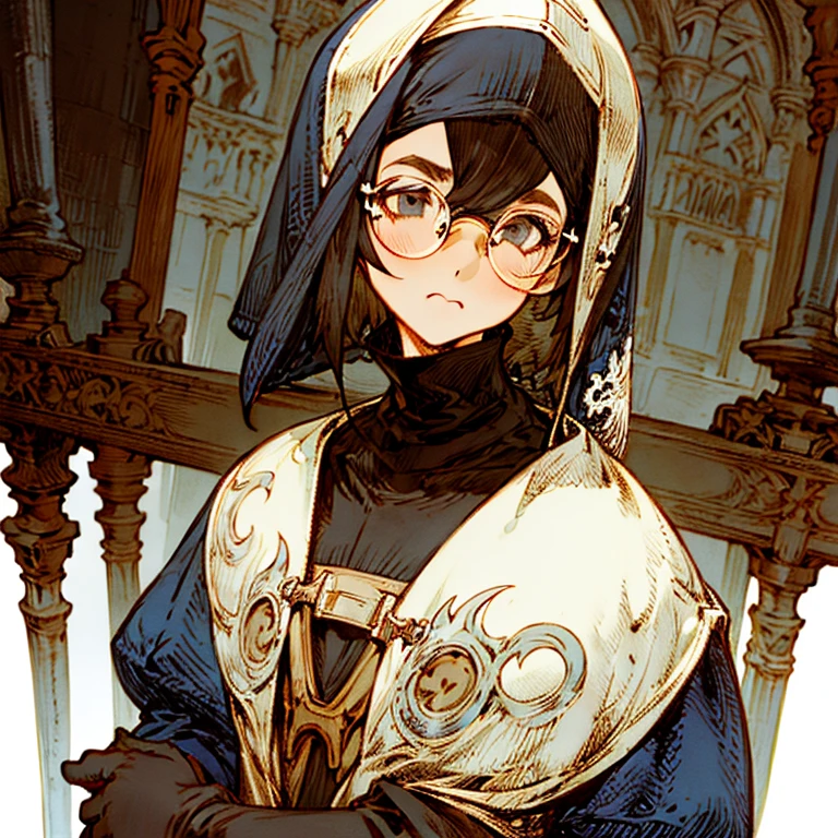 (best quality:1.2,absurd,realistic,detailed face),1 girl,nun,church,alternative hairstyle,detailed background,glasses,front view,pouty,tattered dress,gloves,round-faced