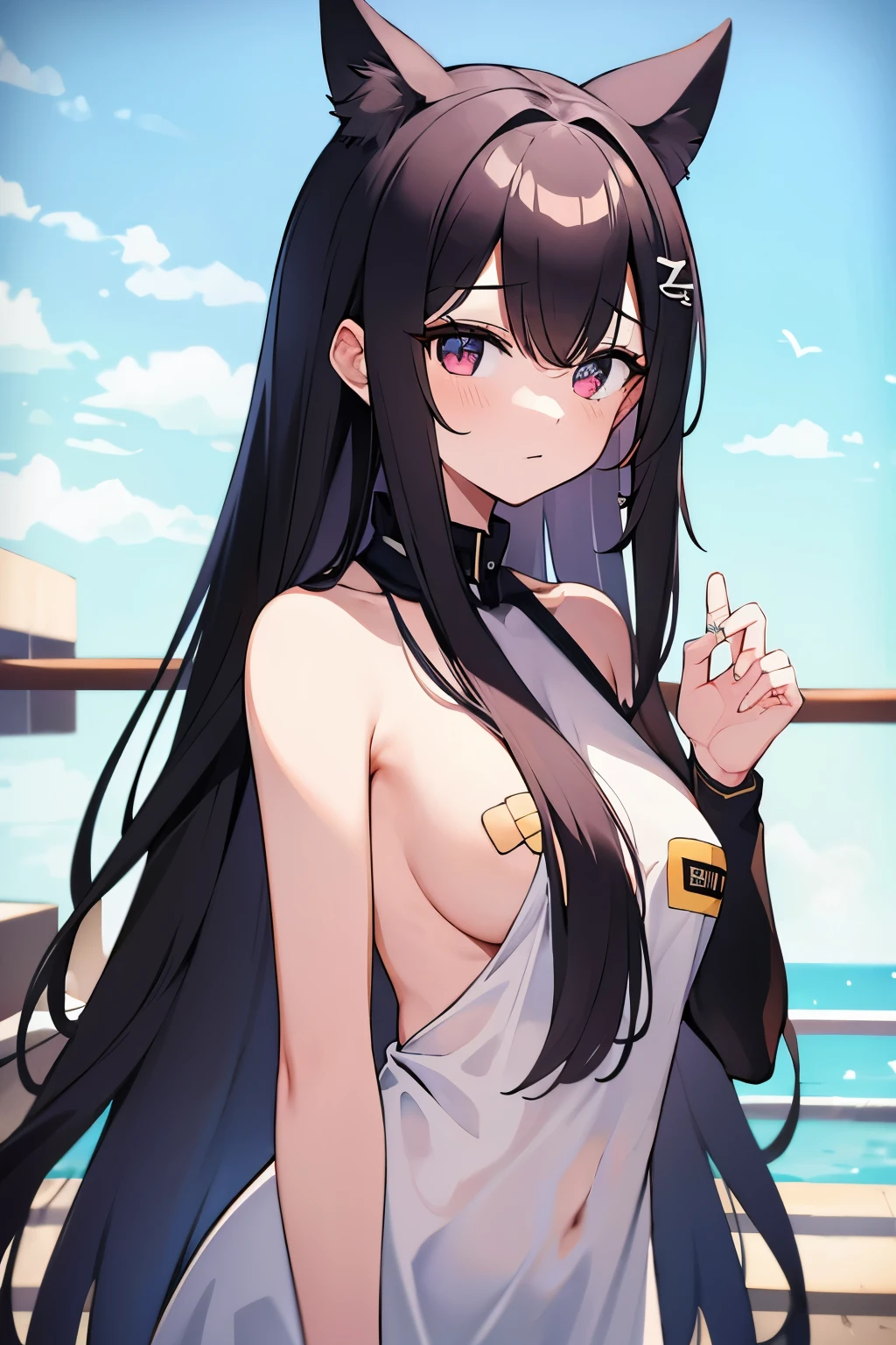 masterpiece, high quality,1girl,black long hair,White semi-transparent shirt, (bandaids_on_nipples, areola_slip, bandaid),small breasts,upper body
