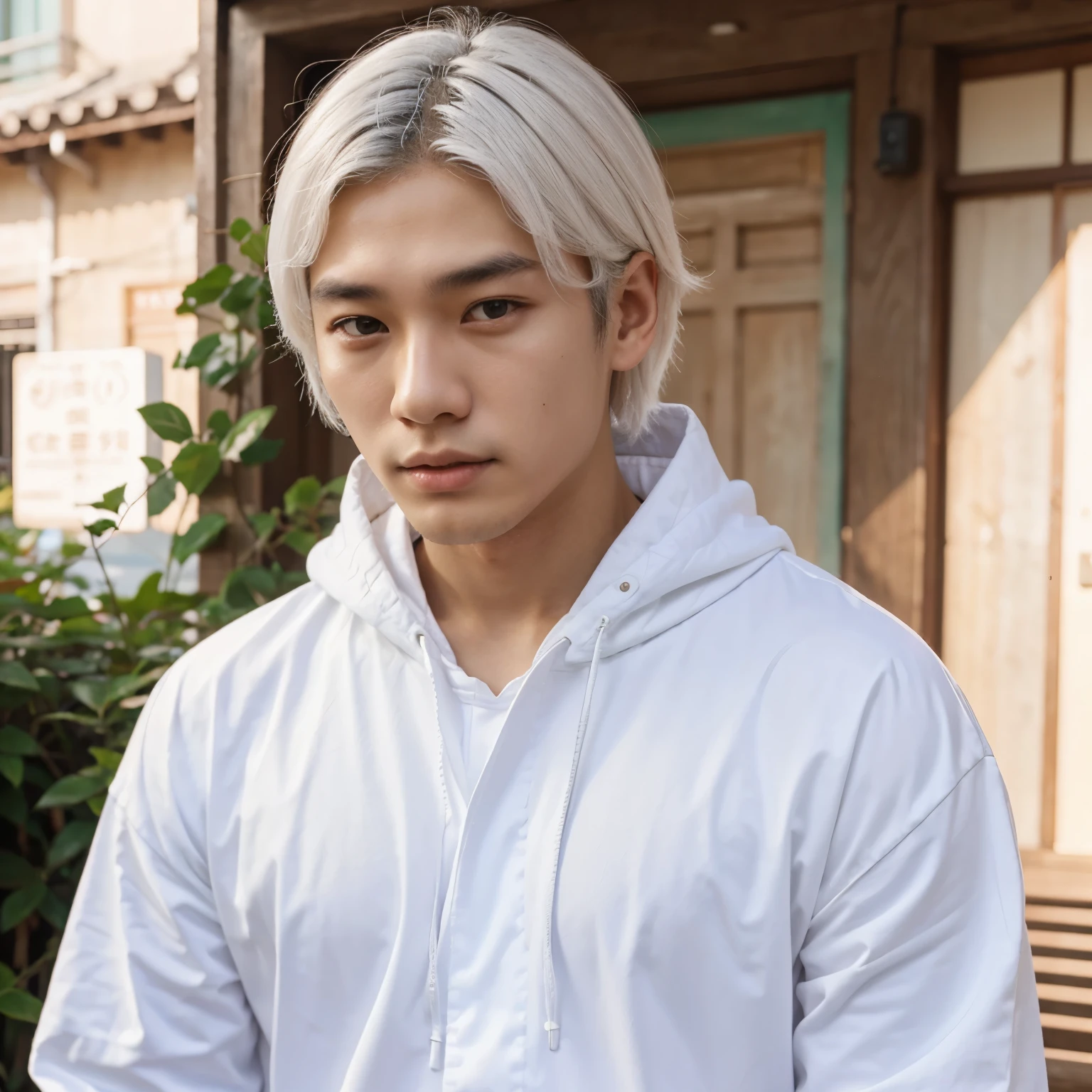 A Korean guy with white hair and brown eyes and is said to be 18 years old