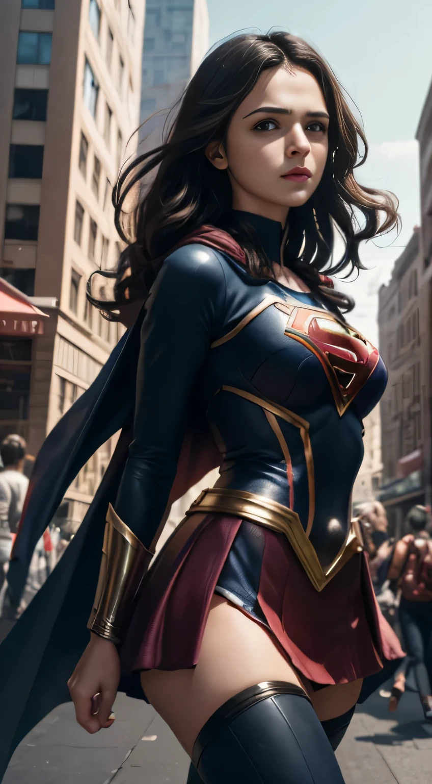 Arav woman in superhero costume standing on city street, Super Girl, Hero pose colorful city lights, gal gadot as Super Girl, emma watson as Super Girl, close up, anime visual of Super Girl, sydney sweeney, Corey Chase plays the Atlanteans, Maika Monroe Batgirl, 8K Artgerm bokeh, betty cooper, No characters, Ultra-high resolution，Black Hair, Hair shaking, victory, Long eyelashes, Solid round eye, A faint smile, ears red, direction, Surrealism, shadow, Relief, Stereogram, Standing picture, View, Atmospheric perspective, 8k, Super Detail, precise, best quality
