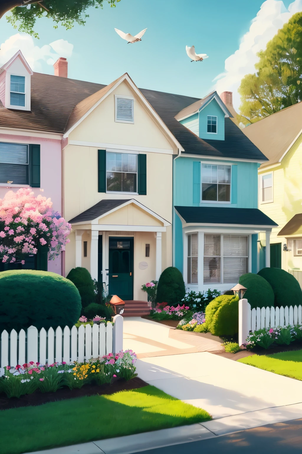 In a quaint suburban neighborhood, pastel-colored houses with white picket fences line the streets. The air is filled with the scent of freshly baked cookies, and children can be heard laughing and playing in the background. The scene is reminiscent of a Disney movie, with colorful flowers blooming in well-tended gardens, and birds singing in the trees. Every detail exudes a sense of charm and happiness, making it the perfect place to call home.