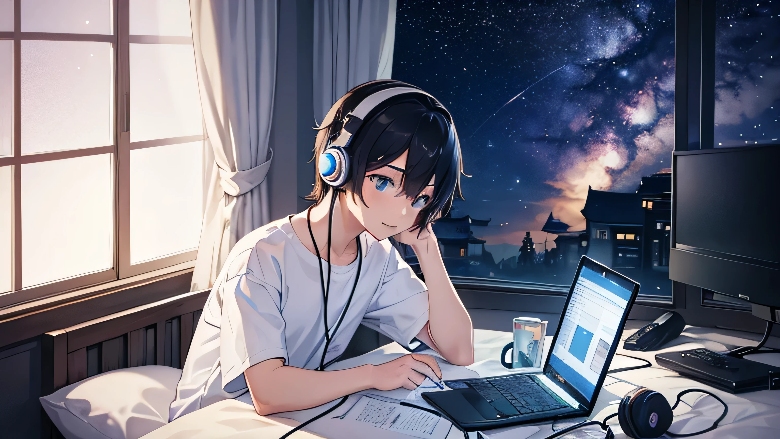 A boy typing on a computer while listening to music with headphones in his room、Dim room lighting、Outside the room is a starry sky、Japanese anime style