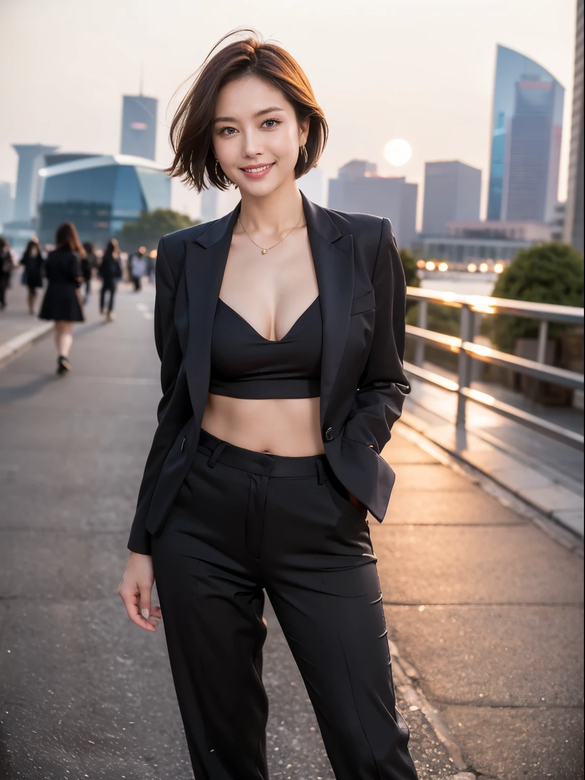 (masterpiece:1.3), (8k, Realistic, RAW Photos, Best image quality: 1.4), Japanese Idols、Highly detailed face、Attention to detail、Genuine、 double eyelid、Big and attractive eyes, Sharp focus:1.2、Beautiful woman:1.5、Light brown hair、 Highest quality、masterpiece、Ultra-high resolution、Written boundary depth、Perfect Shadow、(Realistic:1.4)、Highly detailed and professional lighting、Depth of written boundary、office Street、morning、Bobcut、Perfect shape、Symmetrical face、beautiful girl,Sharp focus, Perfect Anatomy, business suit、Black jacket、Black Skirt、Watery eyes、Glossy lips、small diamond necklace、