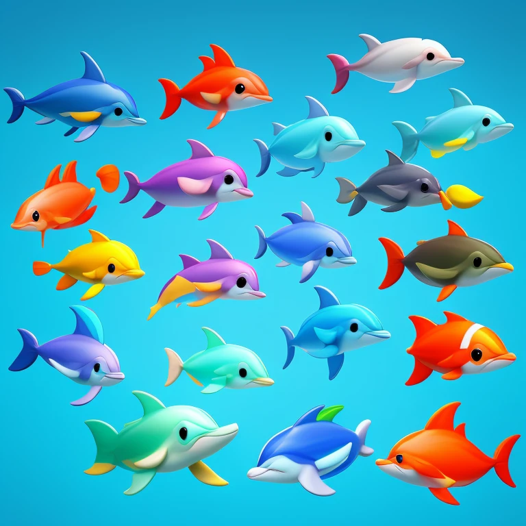 3D characters, dolphins, cute, colorful, cartoon, swarming,