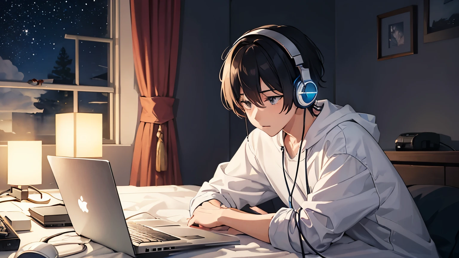 A boy typing on a computer while listening to music with headphones in his room、Dim room lighting、Outside the room is a starry sky、Japanese anime style