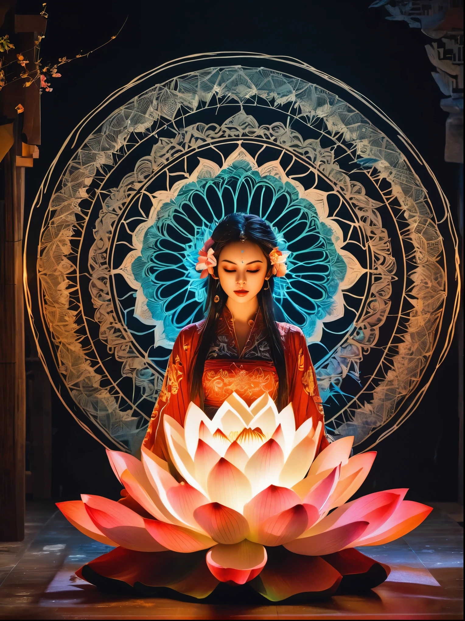 Full body photography of girl in lotus pose，Raw, movie shot, (Sharp focus:1.5), (Reality:1.4), Dusk lighting, Volumetric Lighting, Ultra-high resolution,Dramatic Lighting, White background,（Zentangle，Mandala，Tangle，Entanglement), Fox Demon，Fox Mask，Short coat, Foxfire Curse, fox family, Transformation, Depth of Field, dreamy atmosphere, Chaos in its most beautiful form, grace, Brutalist design dark theme, Flower of Death, Flowers of ecstasy，Glowing Line,Glow Example，Tracking example，flash， Backlight，translucent，Light Particles