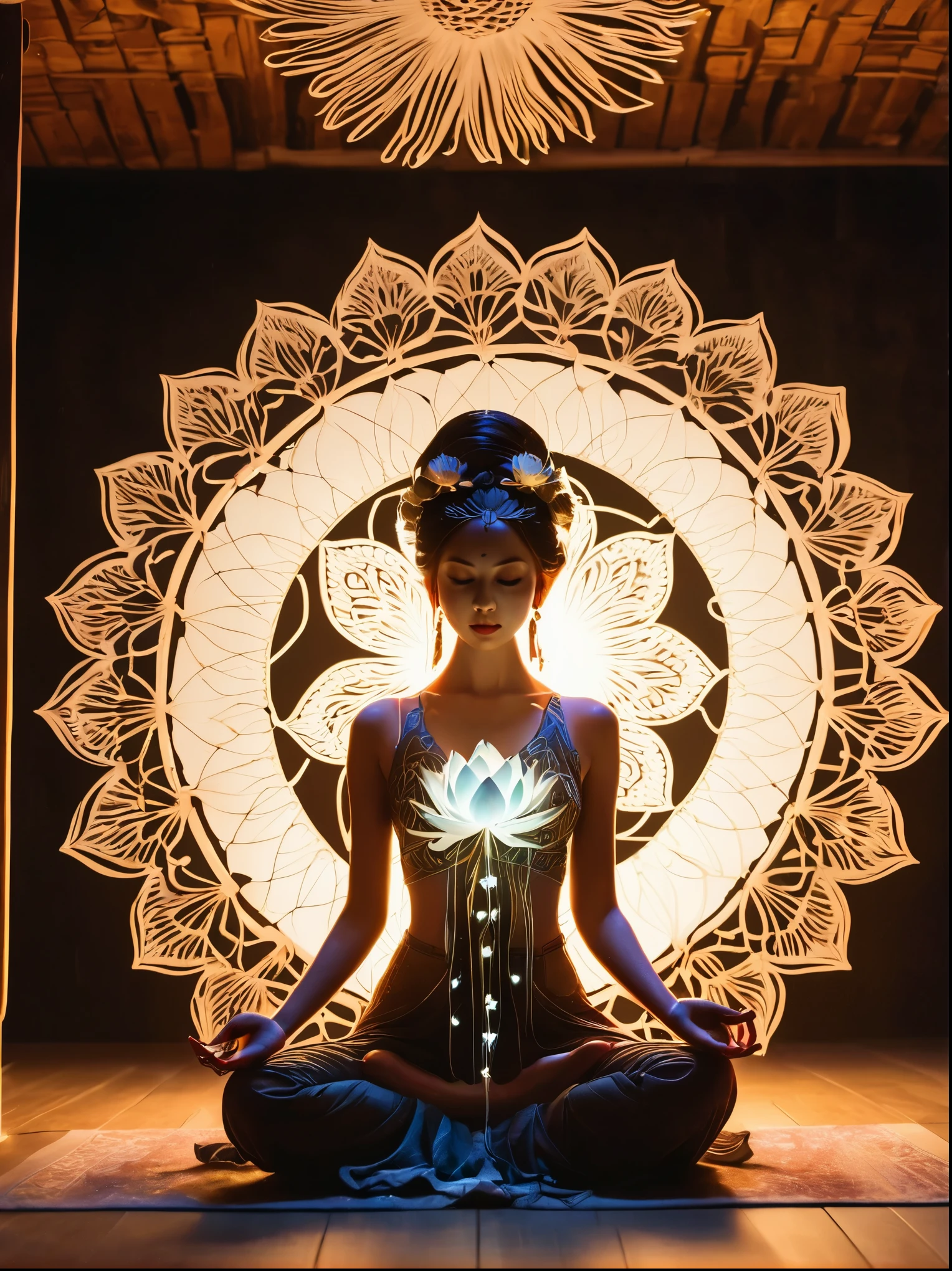 Full body photography of girl in lotus pose，Raw, movie shot, (Sharp focus:1.5), (Reality:1.4), Dusk lighting, Volumetric Lighting, Ultra-high resolution,Dramatic Lighting, White background,（Zentangle，Mandala，Tangle，Entanglement), Fox Demon，Fox Mask，Short coat, Foxfire Curse, fox family, Transformation, Depth of Field, dreamy atmosphere, Chaos in its most beautiful form, grace, Brutalist design dark theme, Flower of Death, Flowers of ecstasy，Glowing Line,Glow Example，Tracking example，flash， Backlight，translucent，Light Particles