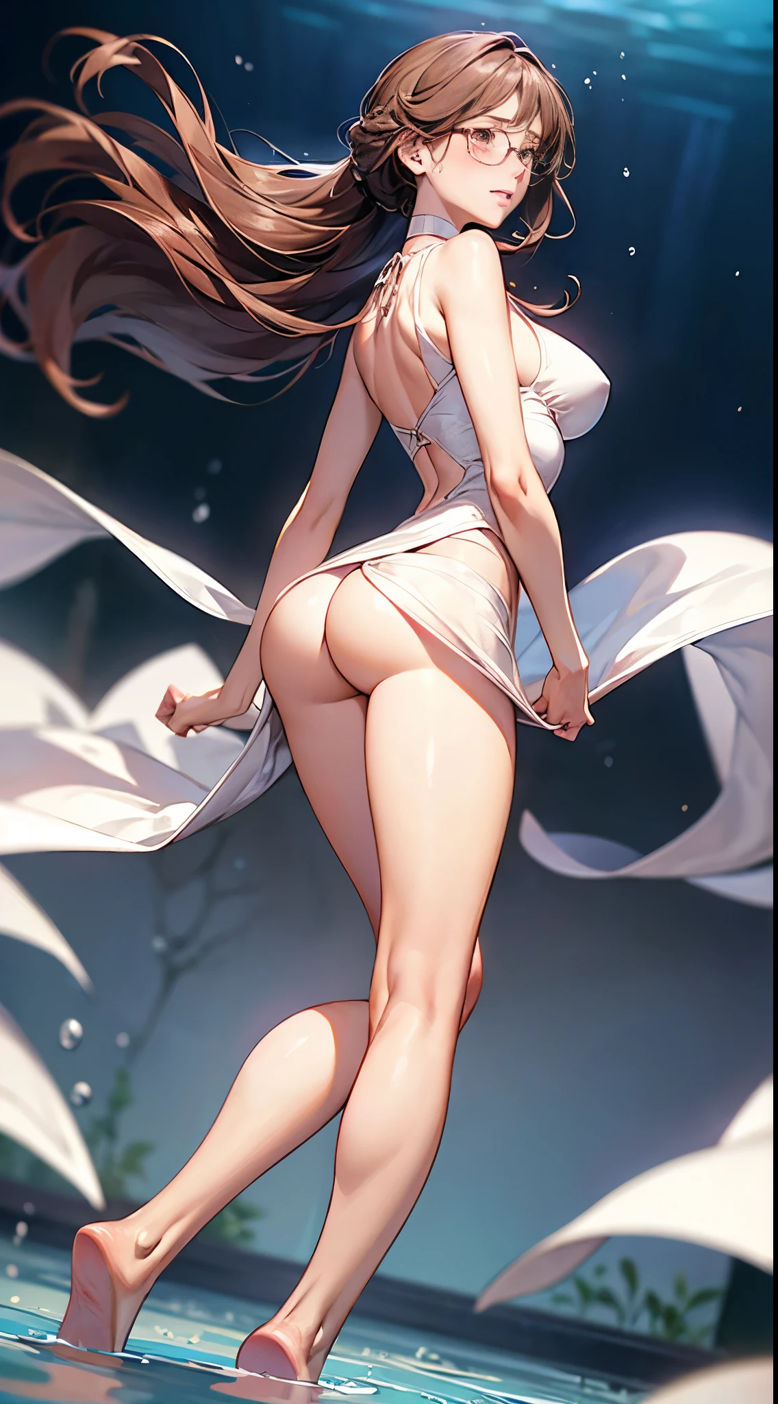 Dark brown hair,Long Wavy Hair、20-year-old woman、shy、beautiful hong kong china、White shirt,Blue flared skirt,Good style,,(Look forward)(((My cheeks are red.、Embarrassed expression)),(((My skirt was blown up by the wind)))、((I can see all your pants))、Light pink lace,((The skirt was blown up by the wind)),1girl, solo, bust, gaze, blush, bangs, closed mouth, standing, , thighs, cowgirl shot, glasses, choker, rear view, indoor, underwater, from behind, wet, arms out, back, black choker, wading, glasses, braid ponytail, full body, high resolution, super detailed, high definition CG Unity 8k wallpaper, realistic, photorealistic, RAW photo, white skin, realistic glowing skin, detailed hair texture, accurate, anatomically correct, highly detailed face and skin texture, natural neck length, (beautiful skin), beautiful legs, folded eyes, narrow eyes, symmetrical eyes, light brown eyes, double eyelids, fine eyebrows, (glowing lips: 1.4), ((gently blushing: 1.2)), (slender figure), toned abs, cool beauty, large luss bust, beautiful detailed eyes, smile, beautiful woman, perfect waist, gorgeous, perfect bust, (((perfect legs))), perfect body, perfect face, (((legs wide open))), (correct arm length), (correct arm ratio)),, correct leg shape, number of correct leg proportions, toes, (no suit)), (((pantyleraless ))))), body without defects, two legs, balanced buttocks sizggystyle)))
