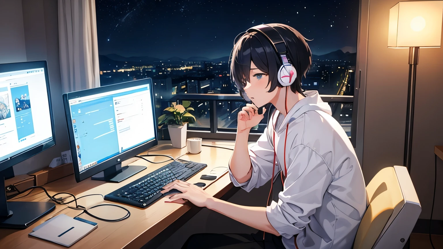 A boy typing on a computer while listening to music with headphones in his room、Dim room lighting、Outside the room is a starry sky、Japanese anime style、City Pop