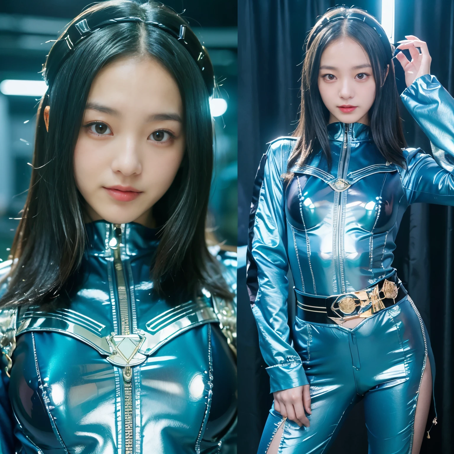 best image quality、Super high resolution、(realism:1.4)、Korean beauty star、The most beautiful KPOP star、horny face、Horny Korean makeup、erotic expression、A body that makes you want to touch it、erotic photos、((Realistic shiny satin fabric texture、High-gloss stretch satin fabric that is smooth and smooth to the touch.、The drape of the curved part of the shiny satin fabric、strong shiny costume、The smooth and beautiful quality and luster of the costumes、A shiny costume made of high-quality satin fabric with high density.、Smooth to the touch oil light liang ice 縝绸 ultra-class battleship skin coat COS、Super Sentai Women's Heroine Suit、Texture of costumes that satin fetishists respond to、Thin, glossy stretch satin fabric)),8K photo quality
