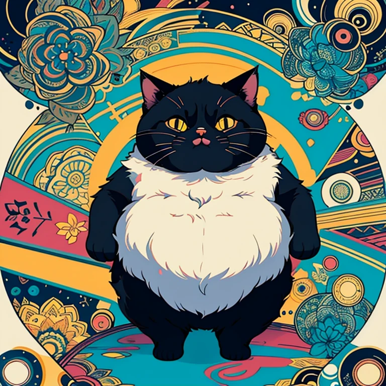 Create a cat so fat and fluffy you can't even see his face right, hilarious and funny form, masterpiece, sticker art, mandala style