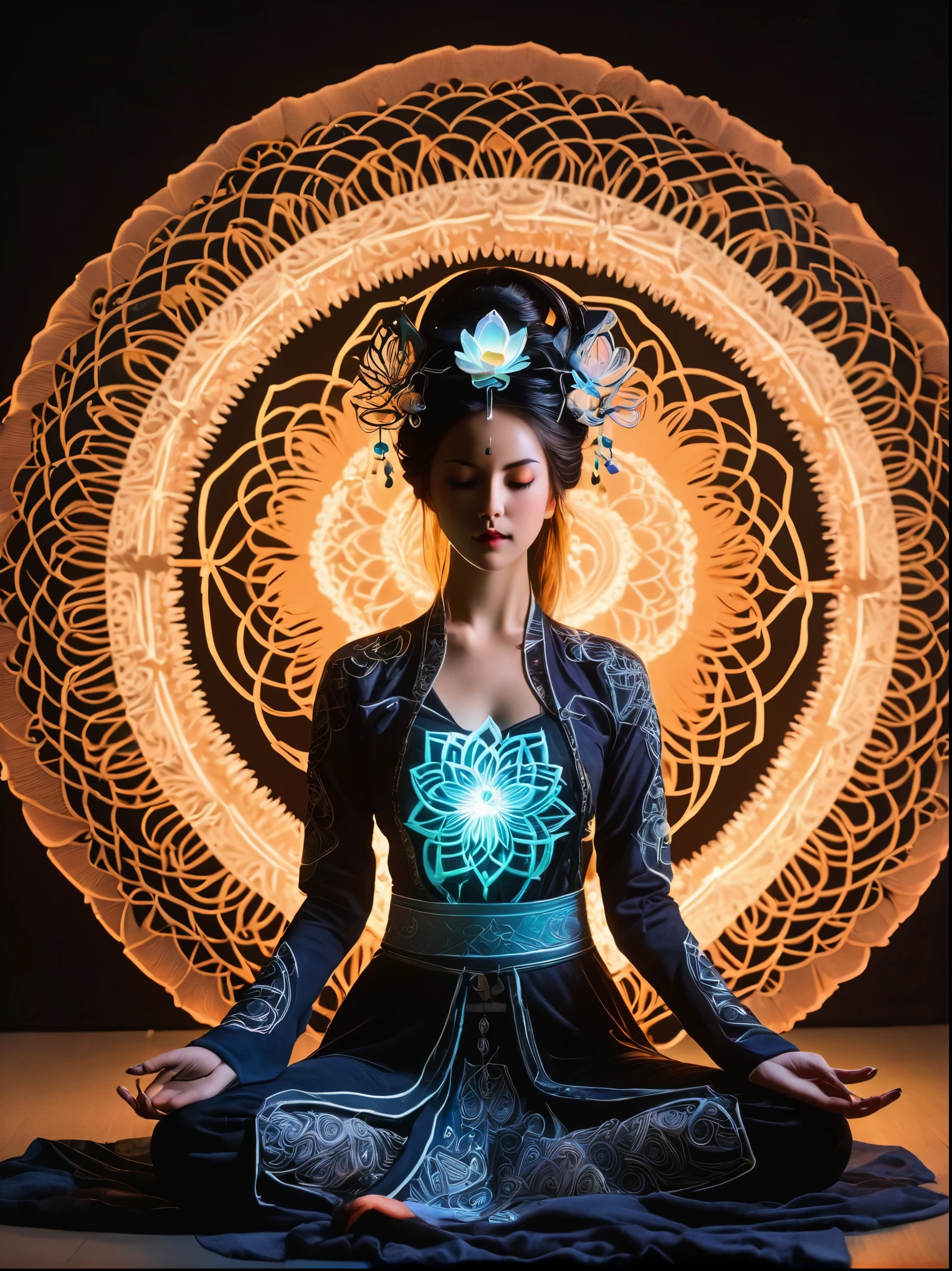 Full body photography of girl in lotus pose,Raw, movie shot, (Sharp focus:1.5), (Reality:1.4), Dusk lighting, Volumetric Lighting, Ultra-high resolution,Dramatic Lighting, White background,(Zentangle,Mandala,Tangle,Entanglement), Fox Demon,Fox Mask,Short coat, Foxfire Curse, fox family, Transformation, Depth of Field, dreamy atmosphere, Chaos in its most beautiful form, grace, Brutalist design dark theme, Flower of Death, Flowers of ecstasy,Glowing Line,Glow Example,Tracking example,flash, Backlight,translucent,Light Particles