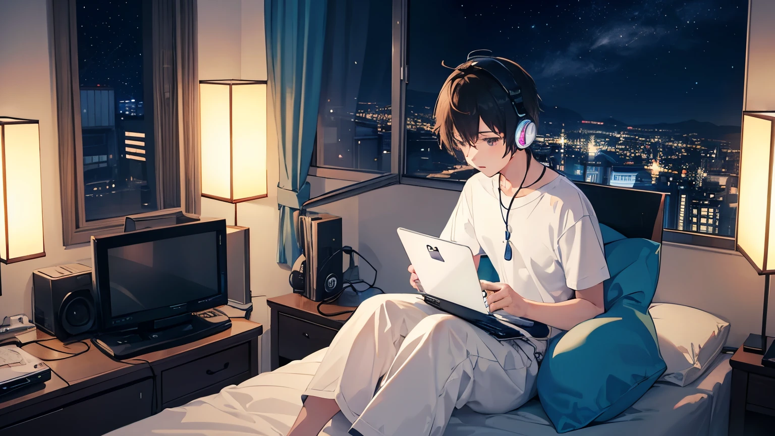 A boy typing on a computer while listening to music with headphones in his room、Dim room lighting、Outside the room is a starry sky、Japanese anime style、City Pop