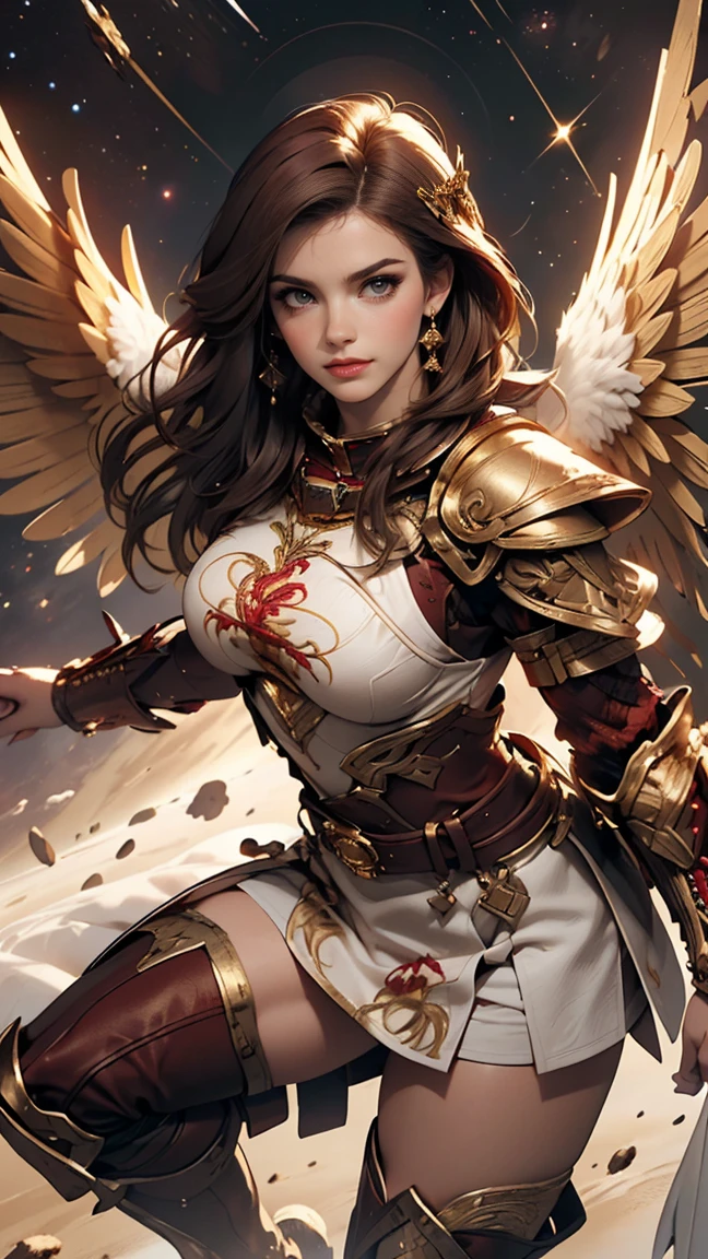 Best quality, 8K,woman, beautiful and detailed face, straight long hair,big eyelashes,(((dark red and gold embroided space armour))),((big open angel´s WHITE wings)),armlets,black belt,high heels over the knee boots,white neutral scenario,DYNAMIC ANGLE, ((dynamic pose))