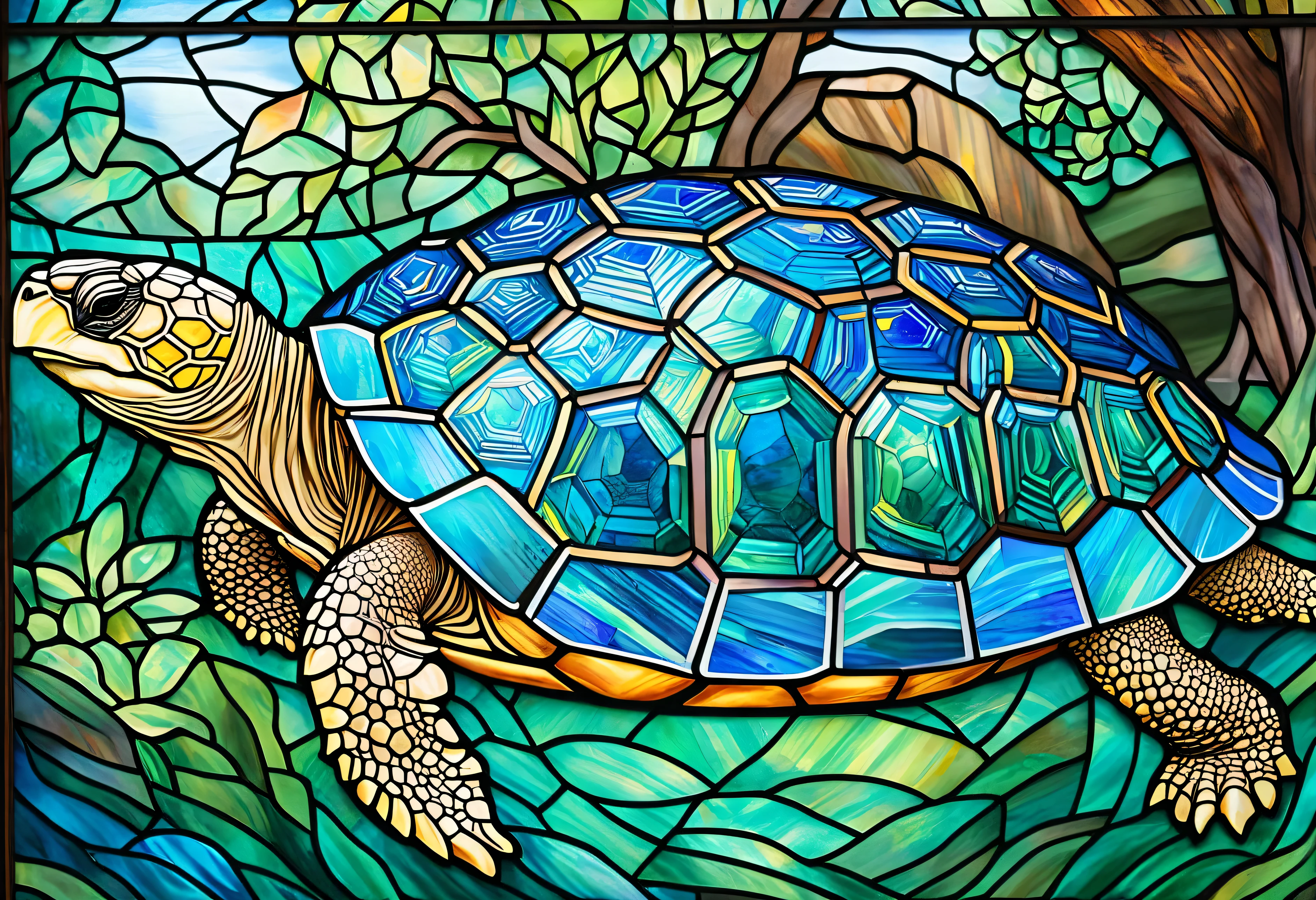 a close up of a painting of a tortoise in a stained glass window, Detailed painting by Meredith Dillman, Shutterstock, Psychedelic Art, Stained Glass Art, Highly detailed and colorful, world-bearing tortoise, tortoise, Great Atouin, stained glass style, Colourful and detailed, Stained glass by Maxim Verekhin, Shining stained glass background Landscape