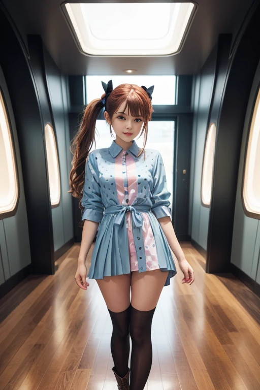 A seductive teenage cat girl with long, lavender-colored hair. She is wearing a white blouse and a plaid skirt. Her outfit highlights her curvaceous figure, especially her alluring bust. She exudes a captivating beauty that is both enticing and mysterious.