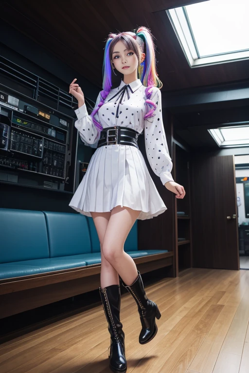cute redhead, Idol Sculpture, Iridescent bristles, ribbon in her hair, 18-year-old female, Happy, Twin tails, Perfect symmetrical eyes, Clear, bright blue eyes, Pale skin, Silky smooth skin, Standing on a gorgeous and luxurious spaceship, Futuristic large hallway, Control panel, Wood trim, Foliage plant, Warm lighting, Wearing a futuristic dress, Pleats (shirt) Mini Dress (Pastel Rainbow Colors, Polka dot pattern), Wearing pantyhose all over, Cute short boots.、((Leg spread:1.5))