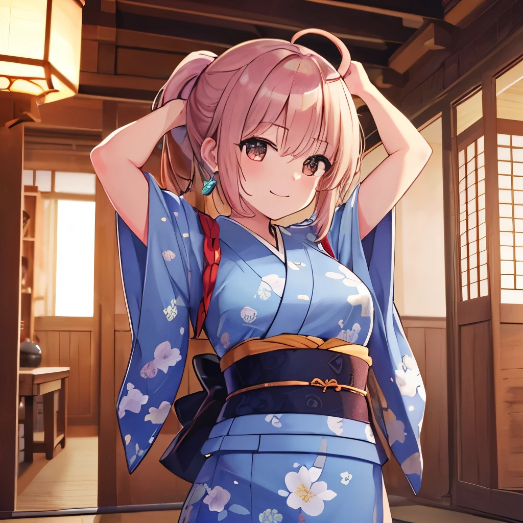 ultra-detailed, (highest quality, 8K, masterpiece, HDR, Ultra-detailed:1.2), porch of a Japanese house, [pink hair:silver hair:0.5], low ponytail, ahoge, Tied Hair, break, printed kimono, break, small breasts, arms behind head, genial smile, break, Earrings, Cowboy Shot, alone