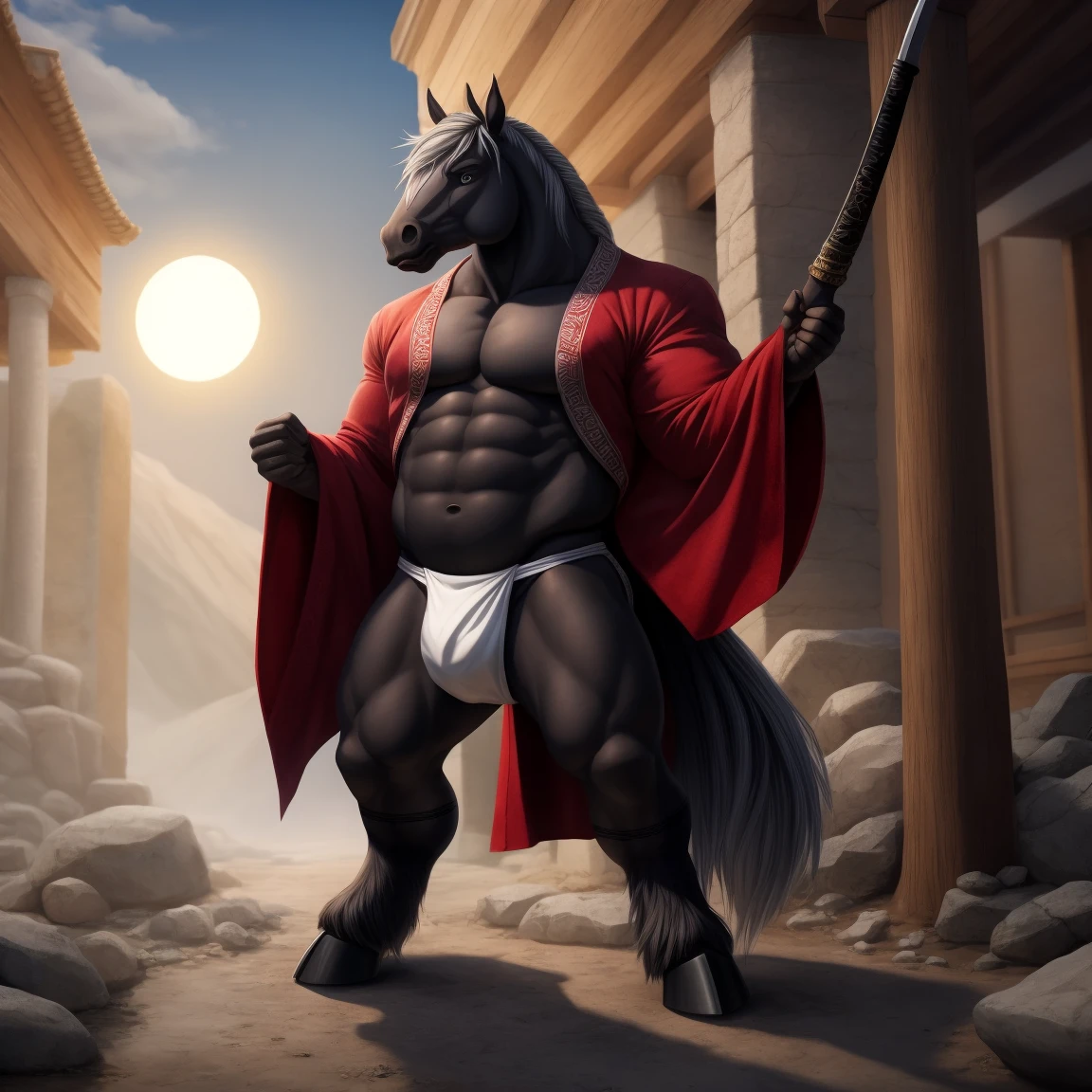 Furry, Antro, Agresivo, [Horse color Negrol] , Half side pose , [Fundoshi Blanco Bulto Male Big], [(Fundoshi Blanco) ajustado], Solo, Clothes kimono Japones Masculino, Hatamoto, [Bulto Male Big], Bigg Balls, Hooves , (Tail Horse equine), Detallado 4k, cuerpo completo, cuerpo furry Black dark, Fonde de Desierto con Eclipse solar Total, Eyes Pupil Marron, Alta resolucion, silver Hair, Katana , Clothes China, Ropa Tradicional, cinturon de Cuerda Blanca, ventas tobillo