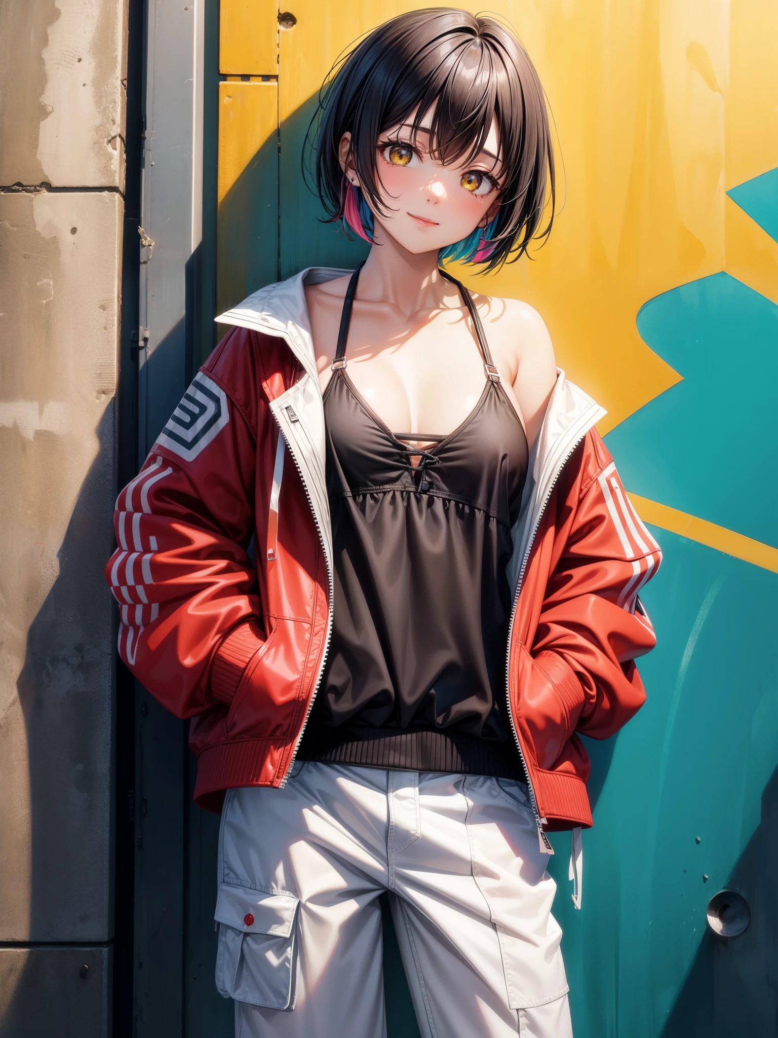 score_9、score_8_up、score_7_up、BREAK 1 girl、solo、Marl B、Brown skin、Yellow Eyes、short hair、Multicolored Hair、Asymmetrical bangs、chest、、Outdoor、industrial、graffiti、Day、sun、 View your viewers、smile、Cowboy Shot、Leaning against a wall、Put your hands in your pockets、Lean back、Tightened、 Red jacket、Letterman Jacket、White sling bikini、bikini under clothes、White gym pants、Zipper Down、