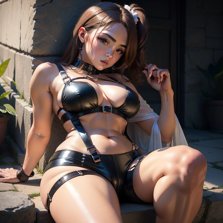 arafed woman in a black leather outfit sitting on a stone ledge, intricate wet latex suspenders, shiny plastic bikini, wearing leather bikini, dressed in belts bikini, sexy body, black leather bra, sultry body with sexy belly, wearing black latex outfit, attractive body, black leather harness, wrapped in leather straps, sexy hot body, black harness