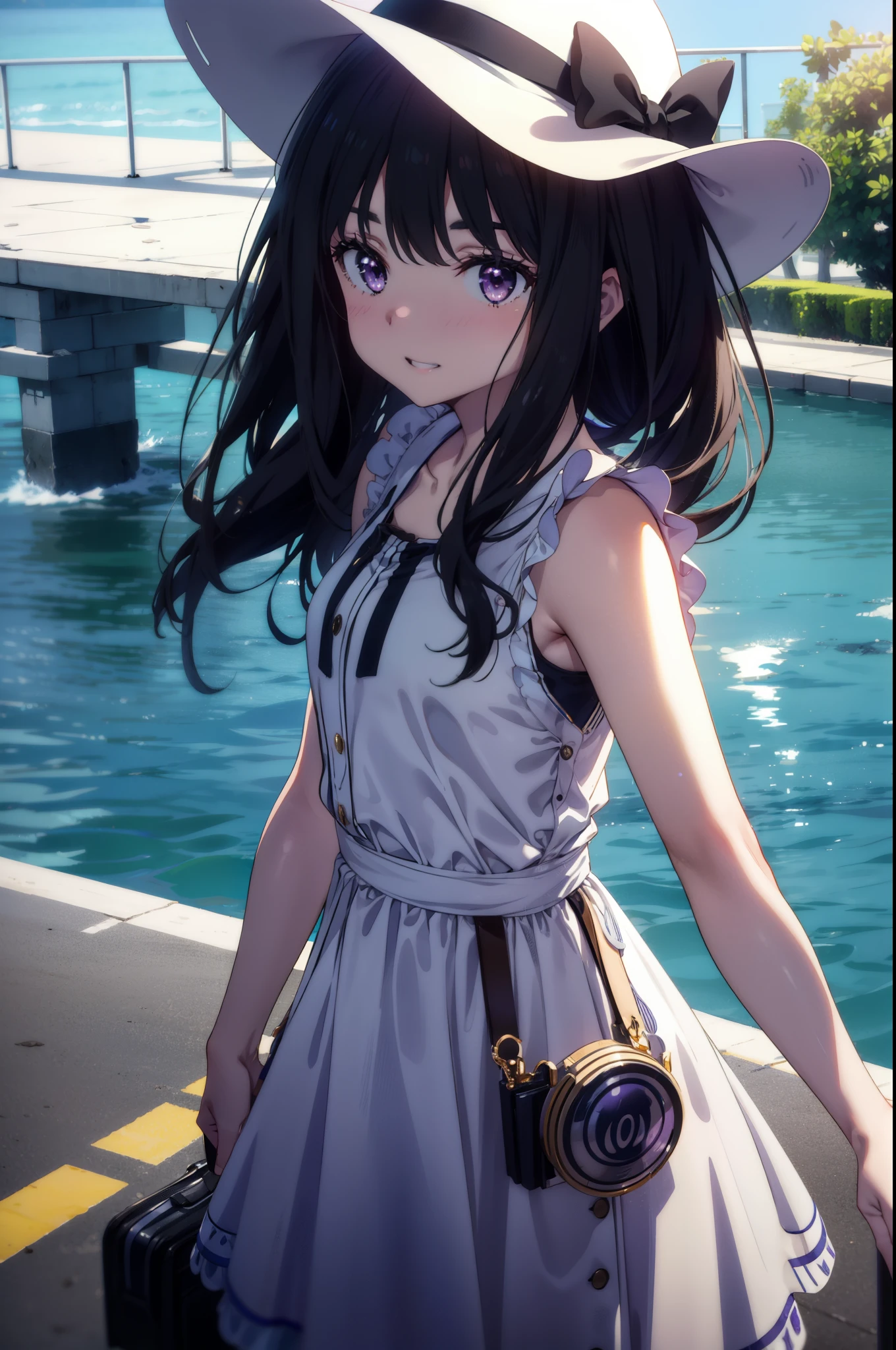 Takiuchi, Inoue Check, Long Hair, bangs, Black Hair, (Purple eyes:1.2),happy smile, smile, Open your mouth,smile,blush,Blue long skirt one-piece dress,No sleeve,Bare arms,Rocket Pendant,Cute Sandals,White hat,True Summer,Clear skies,So that the whole body goes into the illustration,
break outdoors, Coastal Road,City Street,
break looking at viewer, (Cowboy Shot:1.5),
break (masterpiece:1.2), highest quality, High resolution, unity 8k wallpaper, (figure:0.8), (Beautiful fine details:1.6), Highly detailed face, Perfect lighting, Highly detailed CG, (Perfect hands, Perfect Anatomy),