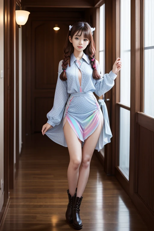 cute redhead, Idol Sculpture, Iridescent bristles, ribbon in her hair, 18-year-old female, Happy, Twin tails, Perfect symmetrical eyes, Clear, bright blue eyes, Pale skin, Silky smooth skin, Standing on a gorgeous and luxurious spaceship, Futuristic large hallway, Control panel, Wood trim, Foliage plant, Warm lighting, Wearing a futuristic dress, Pleats (shirt) Mini Dress (Pastel Rainbow Colors, Polka dot pattern), Wearing pantyhose all over, Cute short boots.、((Leg spread:1.5))、((Leg spread:1.5))