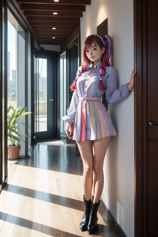 cute redhead, Idol Sculpture, Iridescent bristles, ribbon in her hair, 18-year-old female, Happy, Twin tails, Perfect symmetrical eyes, Clear, bright blue eyes, Pale skin, Silky smooth skin, Standing on a gorgeous and luxurious spaceship, Futuristic large hallway, Control panel, Wood trim, Foliage plant, Warm lighting, Wearing a futuristic dress, Pleats (shirt) Mini Dress (Pastel Rainbow Colors, Polka dot pattern), Wearing pantyhose all over, Cute short boots.、((Leg spread:1.5))、((Leg spread:1.5))