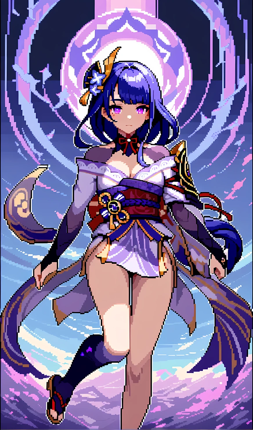 Raiden Shogun | genshin impact, master-piece, best quality, 1girl,pixel art, 8 bit,detailed eyes, highly detailed face, highly detailed background,full body, genshin impact background