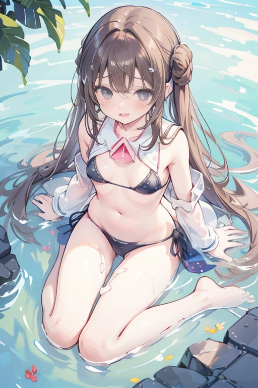 masterpiece, best quality, physically-based rendering, high resolusion, RAW photo, photo realistic,

1 girl, (ars old), Japanese, ((low rise triangle bikini)), brown hair, side tails, flower hair ornament, light blue scrunchie on wrist,

((spread legs:0.5)), ((kneeling)), (outdoor shallow pool), (lower body in water),

 BREAK

looking at viewer, 

(wet clothhes:1), (wet body:1),

((leak urine:1)), ((orgasm:1.5)), ((covered erectile nipples:0.7)),

(from front), (from above:1.3),