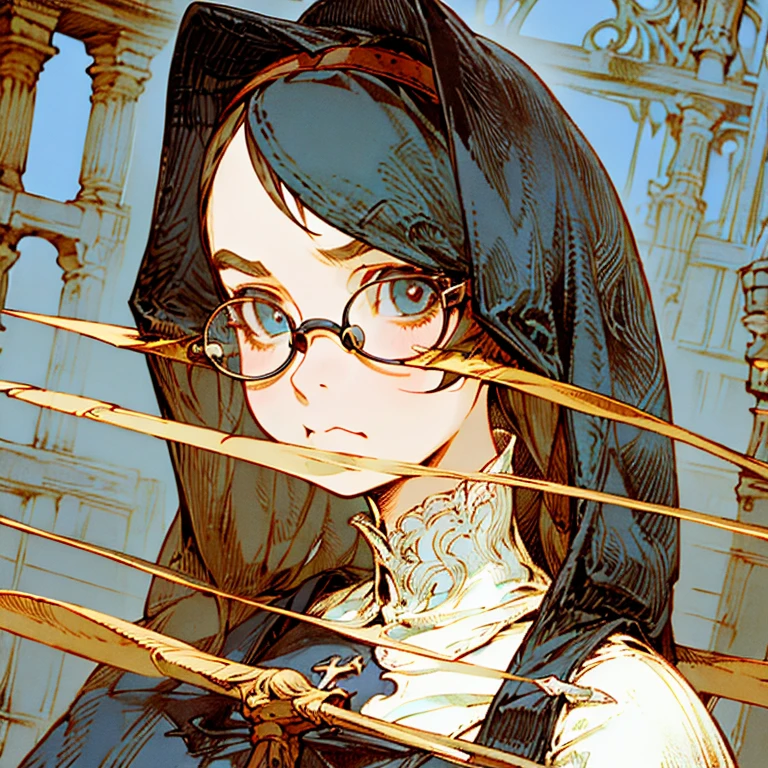 (best quality:1.2,absurd,realistic,detailed face),1 girl,nun,church,alternative hairstyle,detailed background,glasses,in the front,pouty,torn dress,gloves,round-faced