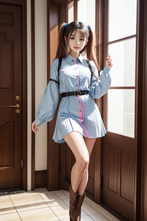 cute redhead, Idol Sculpture, Iridescent bristles, ribbon in her hair, 18-year-old female, Happy, Twin tails, Perfect symmetrical eyes, Clear, bright blue eyes, Pale skin, Silky smooth skin, Standing on a gorgeous and luxurious spaceship, Futuristic large hallway, Control panel, Wood trim, Foliage plant, Warm lighting, Wearing a futuristic dress, Pleats (shirt) Mini Dress (Pastel Rainbow Colors, Polka dot pattern), Wearing pantyhose all over, Cute short boots.、((Leg spread:1.5))