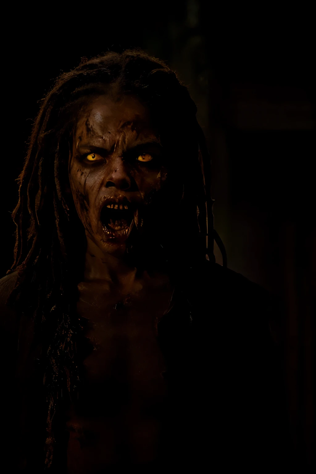 (masterpiece, best quality:1.2), ((RAW photo, Best quality)), (Realistic, photo-realistic:1.2) a zombie (((Black woman))), african woman, ((corpsy body)), hottinig, ((dreadlock heair, ((Exposed brain)), night. ((Horror, creepy)), (((White eyes))), angry. ((Pale or greenish skin)), wounds, empty eyes, torn clothes, katana sword, slow movements, guttural noises, aggressive and cannibalistic behavior. Cinematic lighting.