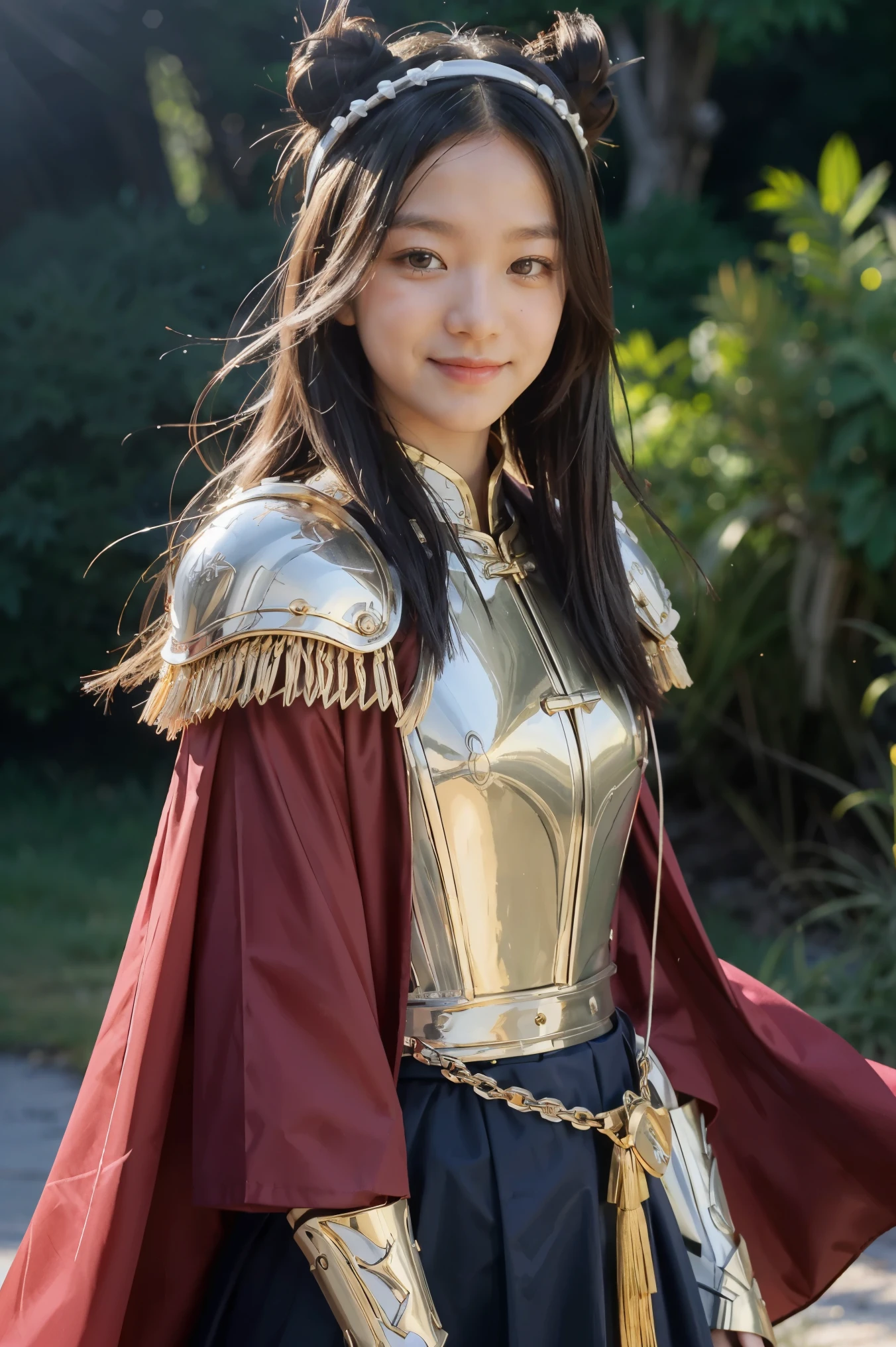Chinese female general Hua Mulan,Saffron Hu suit lining,Detail the eyes,Crimson cape,Gold metal breastplate,silver helmet,battlefield background,majestic,Smile(open mouth)(The corners of the mouth are raised),Leather tunic,Knee armor,Eight clones,red metal headband,light blue hair,Hair bun raised high。wild wilderness background