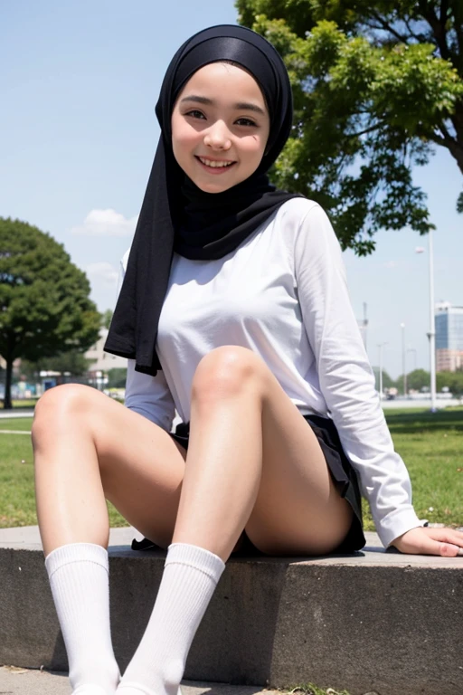  turkish girl wearing hijab white shirt black loose mini skirt long and beautiful legs white long socks black shoes very beautiful smiling sweet girl in the park high hd image quality upskirt image small breasts 