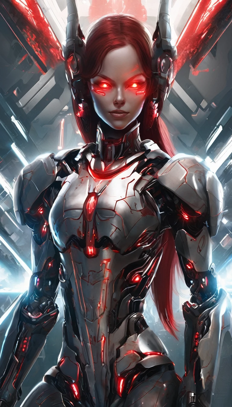 A cybernetic female with glowing red eyes and metal armor features in this image.